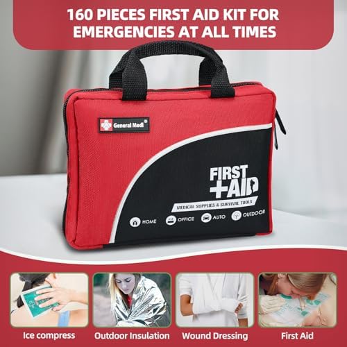 First Aid Kit -160 Pieces Compact and Lightweight - Including Cold (Ice) Pack, Emergency Blanket, Moleskin Pad, Perfect for Travel, Home, Office, Car