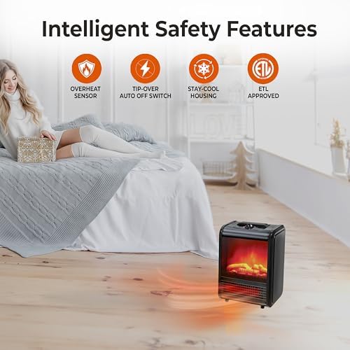 Comfort Zone Electric Mini Fireplace Space Heater with Realistic 3D Flame, Stay-Cool Body, Carry Handle, Overheat Sensor, and Safety Tip-Over Switch, Ideal for Home, Bedroom, & Office, 1,200W, CZFP1