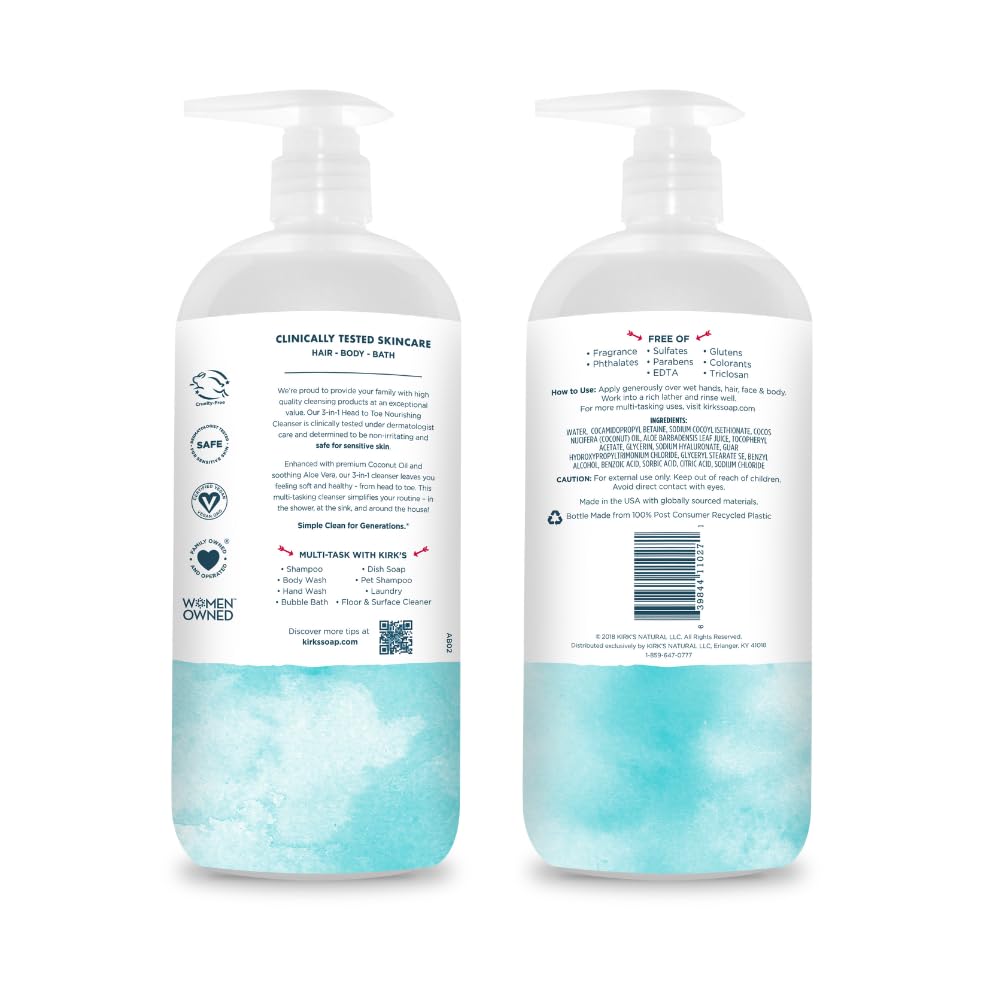 Kirk's Juniper & Lime​ 3-in-1 Nourishing Cleanser, Shampoo Body Wash Bubble Bath, Coconut Oil and Aloe Vera, Vegan Non-GMO, 32 Fl Oz