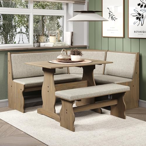 Linon Natasha Transitional Wood Corner Nook Dining Set with Upholstered Seats, Some Assembly Required, Seats up to 5 People, in Brown Finish