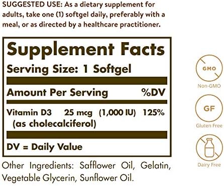 Solgar Vitamin D3 (Cholecalciferol) 25 MCG (1000 IU), 250 Servings | Helps Maintain Healthy Bones & Teeth, Immune System Support, Non-GMO, Gluten Free