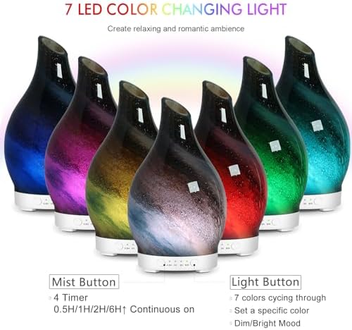 Aromatherapy Essential Oil Diffuser for Home- Art Glass Diffuser for Essential Oils with Waterless Auto Shut-Off 4 Timer 7 Colors LED Night Light