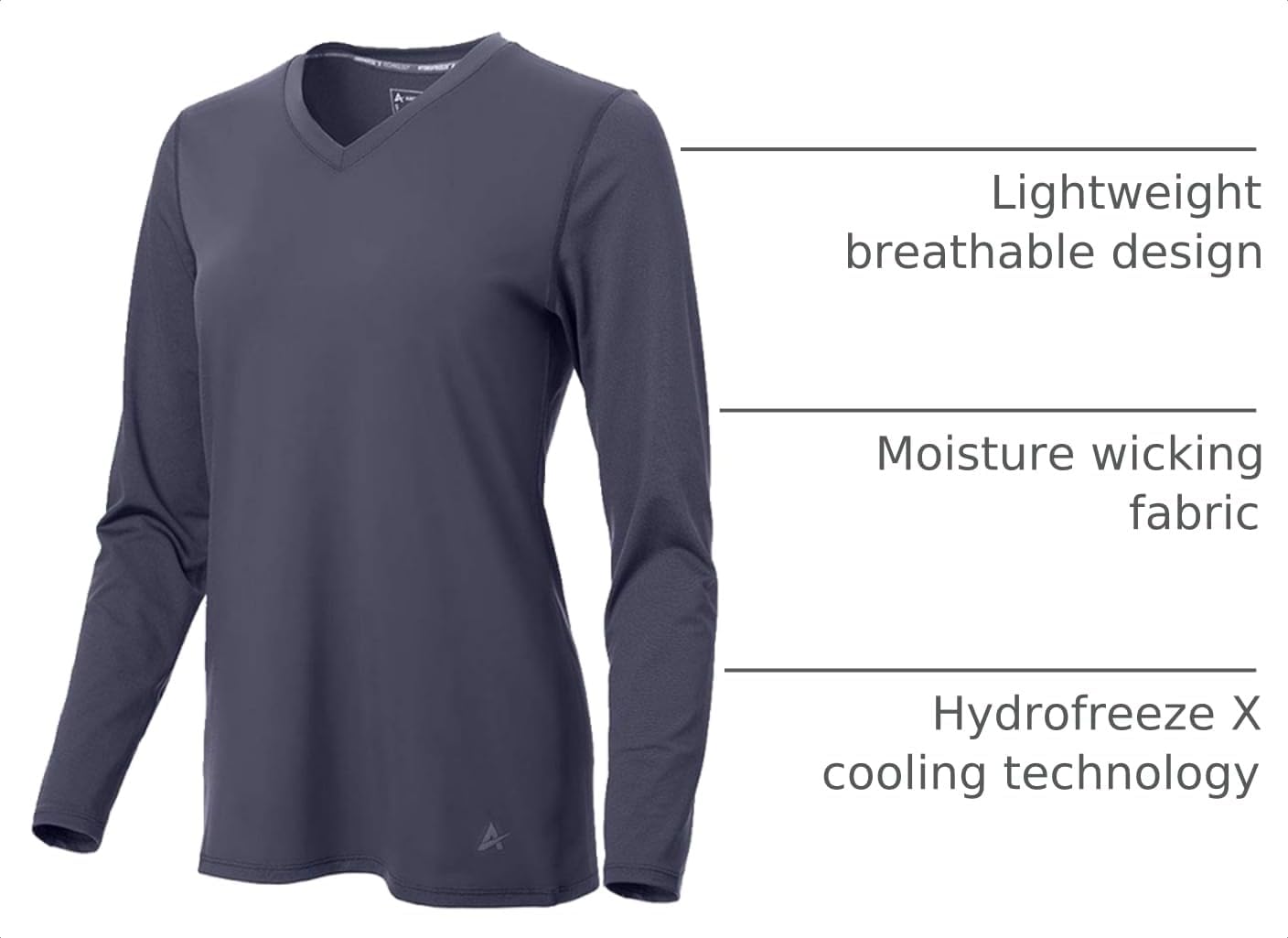 Arctic Cool Women's V-Neck Instant Cooling Moisture Wicking Performance UPF 50+ Long Sleeve Shirt | Lightweight Breathable Top for Running, Workout