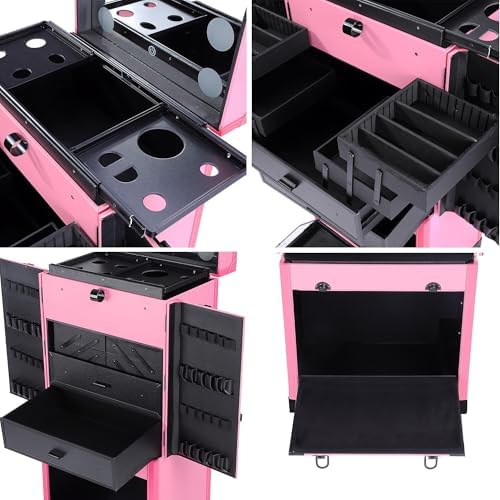 BYOOTIQUE Rolling Makeup Case with Lighted Mirror Hairstylist Station | Salonwith 2 Drawer,4 Trays,Hair Dry Holder,Professional Hairdressing Case,Beauty Salon Cart,Portable Vanity,Mobile