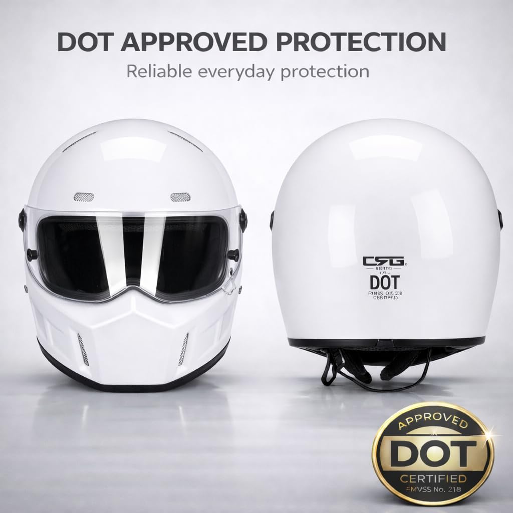 CRG Sports Retro Full Face Motorcycle Helmet, DOT Approved Fiberglass Street Bike Helmet with Clear Visor, Lightweight Cafe Racer Cruiser Motorcycle Helmet