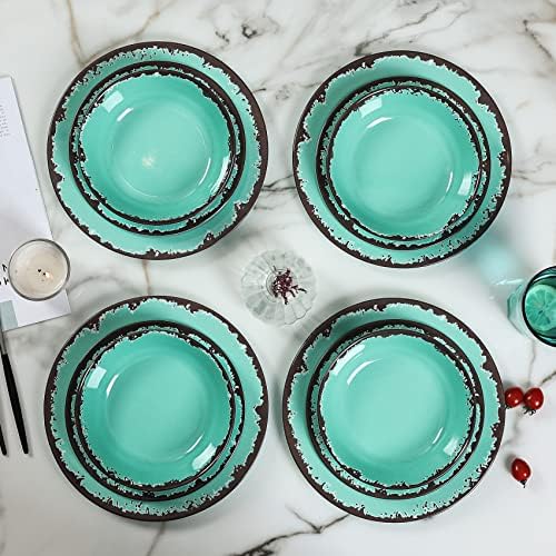 Rustic Melamine Dinnerware Set,12-Piece Plates and Bowls Sets,Yinshine Unbreakable Melamine Dish Set,Lightweight,Service for 4,Dishwasher Safe,Green