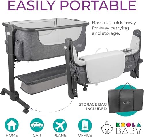 KoolerThings Baby Bassinet, Bedside Sleeper for Baby, Easy Folding Portable Crib with Storage Basket for Newborn, Bedside Bassinet