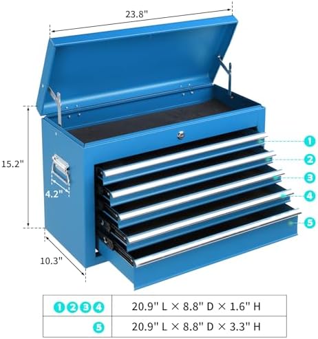 24" Metal Portable Tool Box with 5 Drawers, Lockable, Red | ToolBox with Top Storage Tray, Carry Handle, Ball Bearing Runners, Tool Chest Cabinet for Garage, Warehouse, Repair Shop