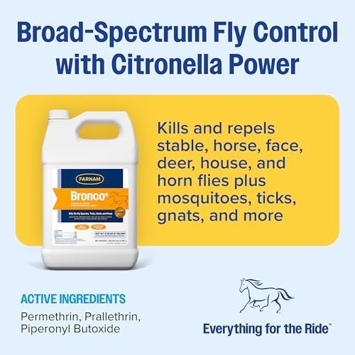 Farnam Bronco E Fly Spray for Horses, Dogs & Premises 128 oz Refill | Kills & Repels Stable, Horse, Deer, House & Horn Flies, Mosquitoes, Fleas, Chiggers, Ticks, Lice & Gnats