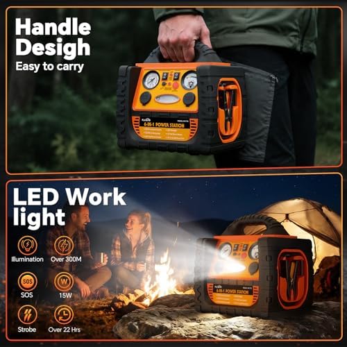 Portable Jump Starter with Air Compressor, FlyAuto 2200A Battery Booster for Cars, Trucks & SUVs, Up to 8.5L Gas & 8.0L Diesel, 150PSI Tire Inflator