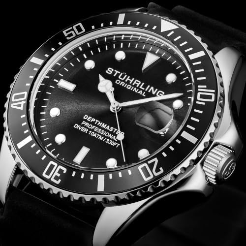 Stuhrling Original Men’s Dive Watch 42mm Stainless Steel, Japanese Quartz Mens Sport Watch, Rubber Strap, Water Resistant to 330 FT, Versatile and Comfort Fit