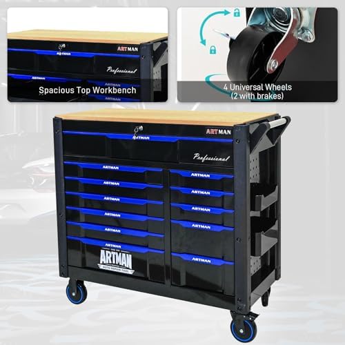 12-Drawer Rolling Tool Chest with Wood Top, Heavy Duty Cabinet | Heavy-duty metal tool chest with 12 drawers