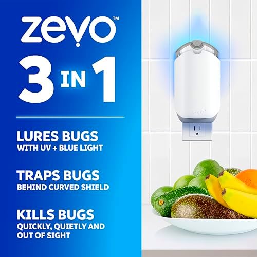 Zevo Flying Insect Trap for Fruit Flies & Gnats, 1 Base & 1 Refills | Fly Trap Catches House Flies, Gnats & Fruit Flies 24/7, Spray-Free, Odor-Free, Blue & UV Light, Safe for Kids & Pets*
