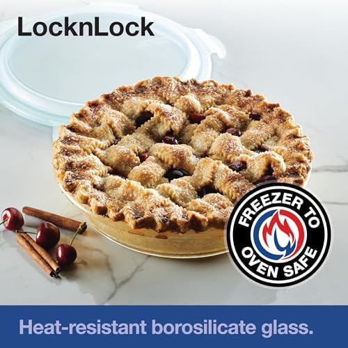 LOCK & LOCK LocknLock Purely Better Glass Round Pie Baking Dish/Food Storage Container with Lid, 9.5 Inch, Clear
