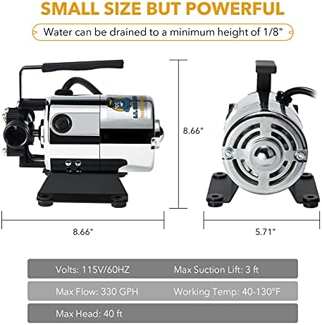 115V 330GPH Self-Priming Transfer Pump, LilMonster Auto Portable Electric Utility Water Pump with Suction Hose Kit,Bright Silver