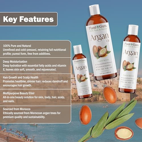 Plant Guru Argan Oil 16 fl. oz. Morocco Virgin, Cold Pressed 100% Pure Natural - Stimulates Hair Growth, Skin, Face And Body Moisturizer.