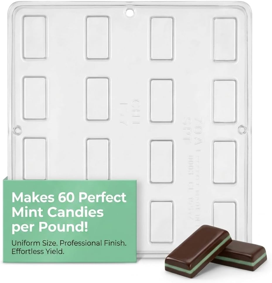 Andes Mint Piece Chocolate Candy Mold Candy Making 157, Small Rectangular Mint Candy Mold with 16 Cavities, 1 1/4" x 1/2" x 1/4"