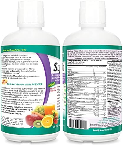 Vital Earth Minerals Super Multi – Liquid Multivitamins for Women, Men & Kids, Liquid Vitamins with Fulvic Acid for Better Absorption, MTHFR Support, 32 Oz + 1 Oz Cup