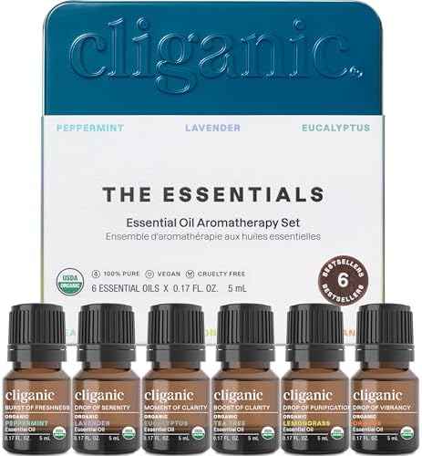 Cliganic Organic Aromatherapy Essential Oils Set (Top 6 - The Essentials), 100% Pure Natural - Peppermint, Lavender, Eucalyptus, Tea Tree