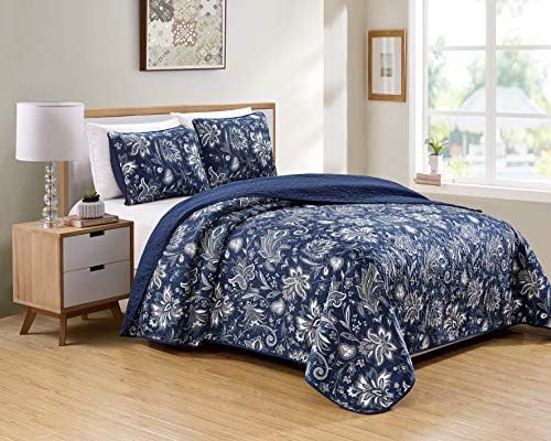 Luxury Home Collection 3 Piece Full/Queen Quilted Reversible Coverlet Bedspread Set Floral Printed Navy Blue White Gray
