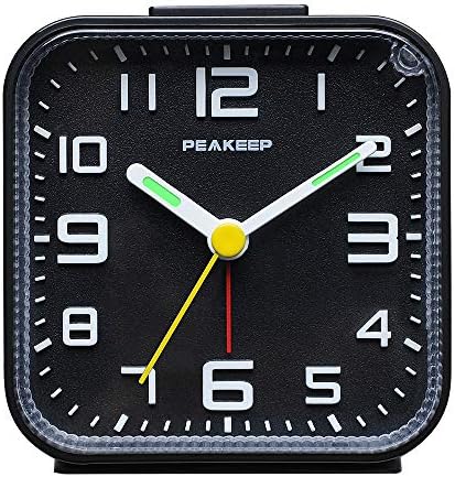 Peakeep Small Battery Operated Analog Travel Alarm Clock Silent | No Ticking, Lighted on Demand and Snooze, Beep Sounds, Gentle Wake, Ascending Alarm, Easy Set (Black)