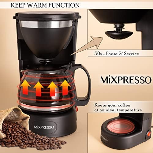 Mixpresso 5 Cup Drip Coffee Maker, Coffee Pot with Reusable Filter, Black | Glass Carafe Coffee Machine with Auto-Off, Anti-Drip, Water Window and Easy On/Off Switch for Convenient Everyday Brewing
