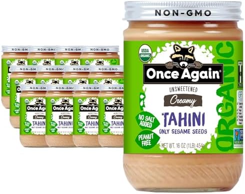 Once Again Organic Sesame Tahini, 16oz - Salt Free, Unsweetened - USDA Organic, Gluten Free, Vegan, Kosher, Peanut Free - Glass Jar - Case of 12