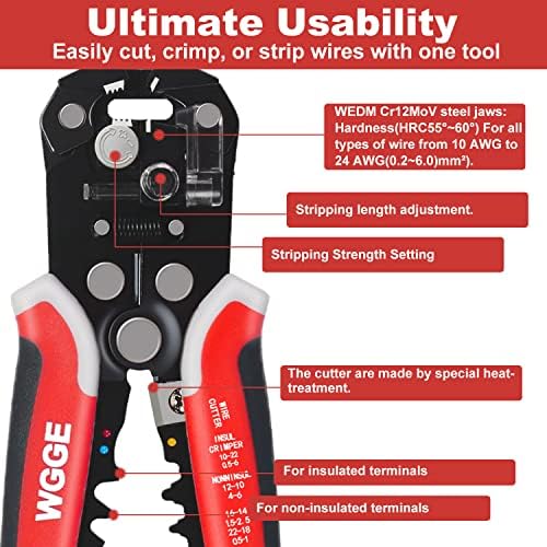WGGE WG-014 Self-Adjusting Insulation Wire Stripper. For stripping wire from AWG 10-24, 3 in 1 Automatic Wire Stripping Tool/Cutting Pliers Tool