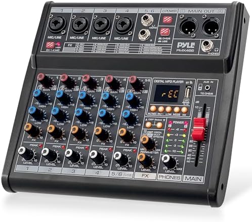 Pyle Professional Bluetooth DJ Audio Mixer - 6-Channel DJ Controller Sound Mixer w/DSP 16 Preset Effects, USB Interface, 4 XLR Mic/Line Input, AUX