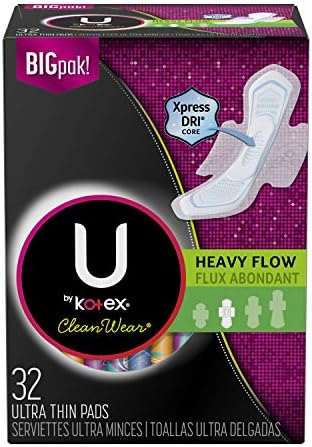 U by Kotex CleanWear Ultra Thin Feminine Pads with Wings, Heavy Flow, Unscented, 32 Count (Pack of 3)