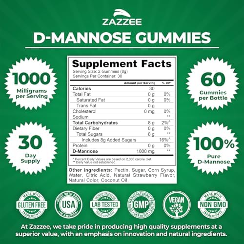 Zazzee D-Mannose, 1000 mg per Serving, 180 Vegan Capsules, 3 Month Supply | Potent & Fast-Acting, Certified Kosher, 100% Pure, All-Natural Urinary Tract Health Support, 100% Vegetarian, Non-GMO