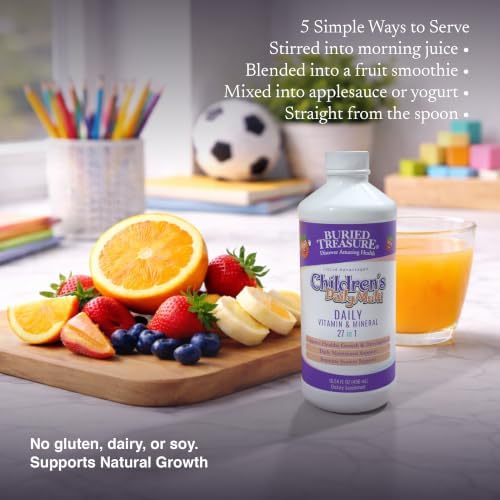 Buried Treasure Children’s Daily Liquid Multivitamin – 27 Vitamins & Minerals with SuperFood Blend – Sugar Free, Vegan, Orange Mango Flavor
