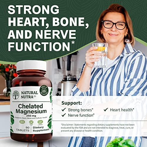 Natural Nutra Chelated Magnesium Oxide 250 mg - High Absorption for Strong Bones, Heart Health, Dental Health, Energy Boost, Gluten-Free, Non-GMO, 180 Tablets in BPA-Free Recyclable Glass Bottles