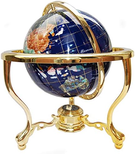14" Tall Blue Lapis Ocean Gemstone Globe with Tripod Gold Stand