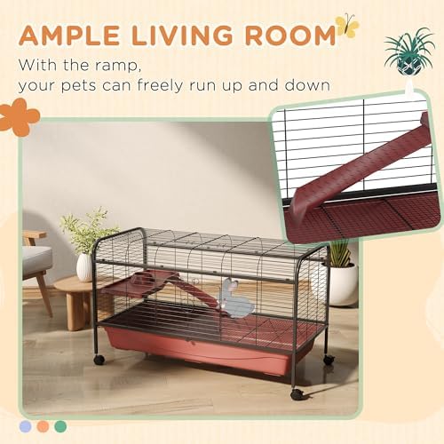 PawHut 41" L Small Animal Cage Rabbit Hutch with Feeder, Rolling Wheels Red