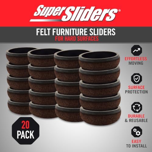 Super Sliders 1" Round Formed Secure Reusable Felt Furniture Sliders for Hard Surfaces, Noise-Reducing Adhesive Furniture Moving Pads, Fits 1" Legs
