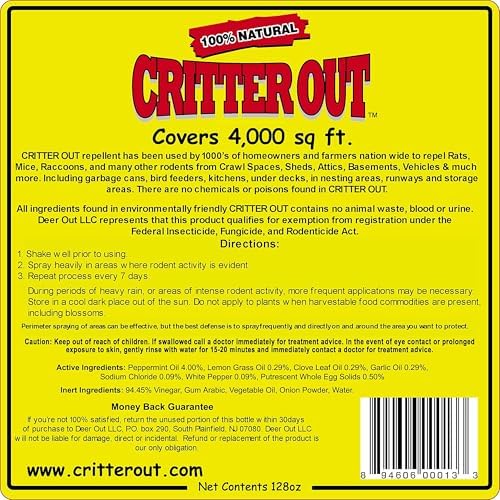 Mouse & Rat Repellent: Rodent Repellent: Critter Out 1 Gallon Ready to Use | Mouse & Rat repellent, Peppermint Oil Repellent, Get Rid of Rats, Prevent Nesting, Stops Chewing, Protect Engine Wiring