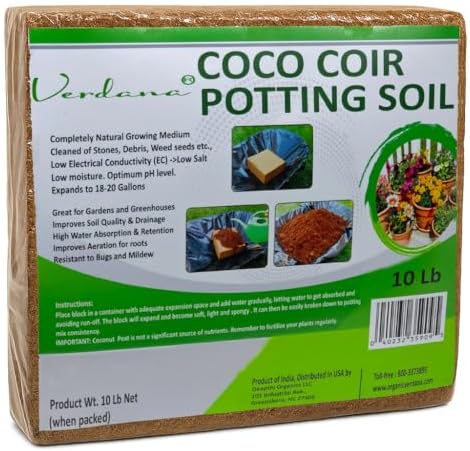 Verdana Coco Coir Potting Soil Brick - 10 lb Compressed Coconut Coir Block, Expands to 72 Quarts / 18 Gallons, Peat Moss Alternative for Seed Starting