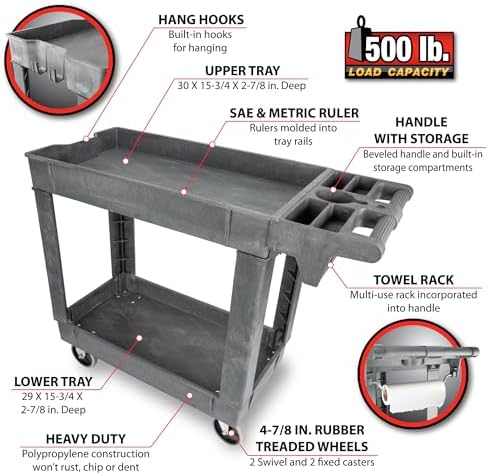 Performance Tool W54004 Two-Shelf Utility Cart with Locking Drawer | Red rolling tiered storage cart with wheels. 350 lb load capacity. Swivel casters. 28x16 inch deep shelves