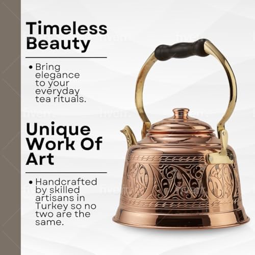 DEMMEX Heavy Gauge 1mm Thick Engraved Solid Copper Tea Pot Kettle Stovetop Teapot, Handmade (1.6-Quarts - Engraved)