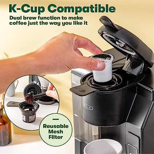 BELLA Single Serve Coffee Maker, Dual Brew, K-cup Compatible - Ground Coffee Brewer with Removable Water Tank & Adjustable Drip Tray