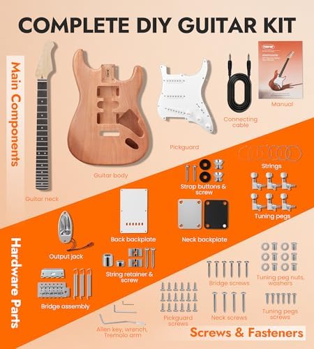 Tostar DIY Electric Guitar Kit, Solderless, Multi Sanded Polished Body, ST | Mahogany Body, Canadian Maple Neck, SSS Pickups, 6 String Tremolo Bridge, Complete Accessories, Hands On Learning