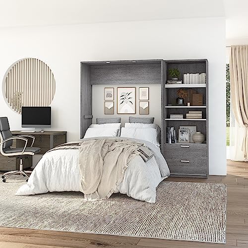 Bestar Cielo Full Murphy Bed with Closet Organizer (89W) in Bark Gray and White, Sleeping Arrangement for Multipurpose Room | Closet Organizer