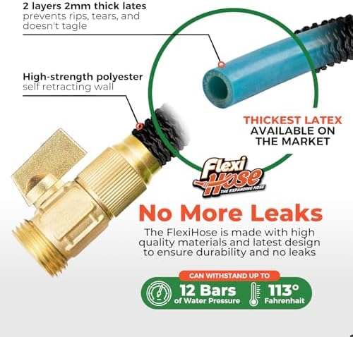 Flexi Hose Lightweight Expandable Garden Hose, 50FT - Retractable Garden Hose, Water Hose - No-Kink Flexibility, 3/4 Inch Solid Brass Fittings and Double Latex Core