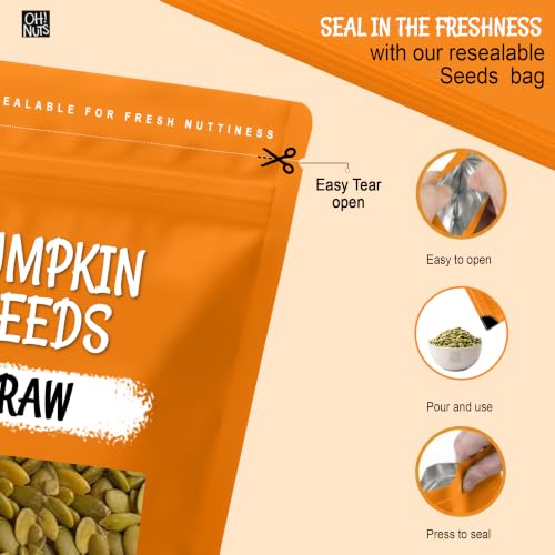 Oh! Nuts Raw Pumpkin Seeds Unsalted Pepitas 1 Pound - 100% Natural | Raw pumpkin seeds unsalted - 100% natural organic pepitas to eat - No shell - Packed in NY - Resealable zip-seal bag