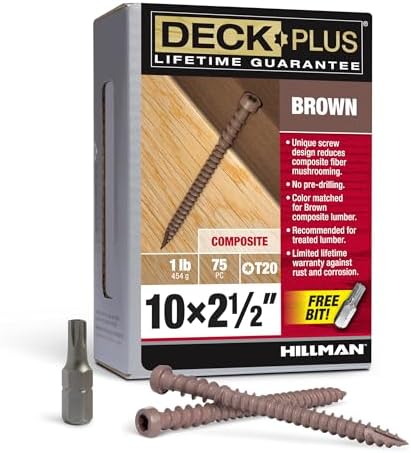 Deck Plus Composite Deck Screws, #10 x 2-1/2in, 1lb Box, 75 Pieces, Brown | Epoxy-coated steel, Star/torx drive with trap head