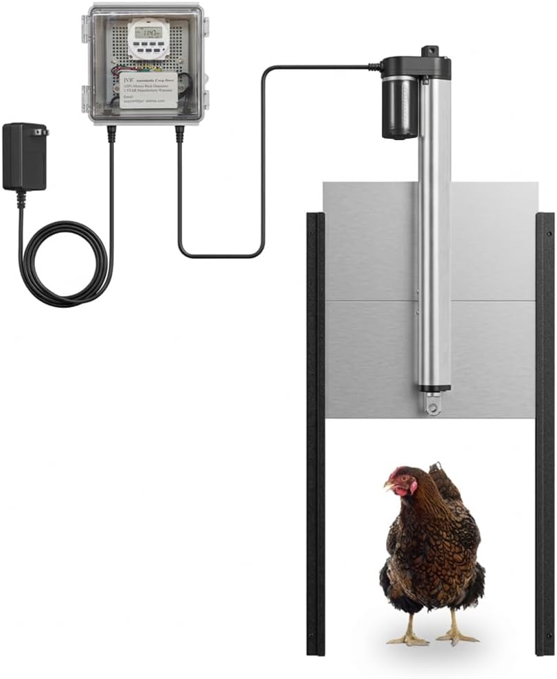 JVR Automatic Chicken Coop Door, Programmable Timer, Anti-Pinch, Aluminum | Heavy-duty aluminum door with industrial screw-rod actuator, anti-pinch sensor, and 11 x 12 in opening; timer schedule only
