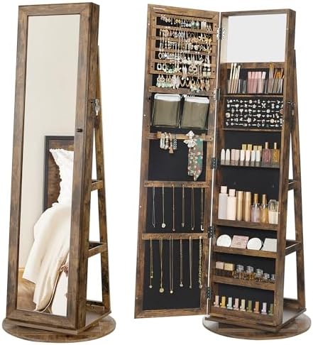 SONGMICS 360° Swivel Jewelry Cabinet, Full-Length Mirror, Lockable