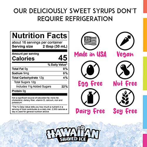 Hawaiian Shaved Ice Syrup Assortment with 10 - 16oz Bottles, 50 Snow Cone Cups, 50 Spoon Straws