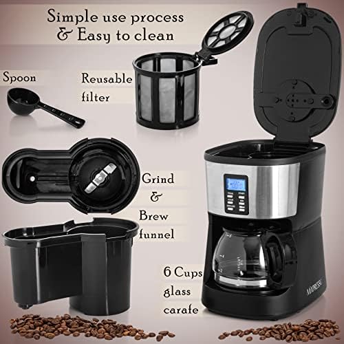 Mixpresso 5-Cup Drip Coffee Maker, Automatic Brew Coffee Pot Machine with Built-In Burr Coffee Grinder